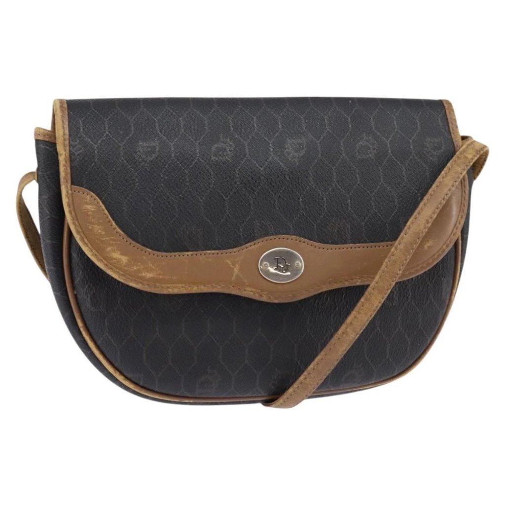 Christian Dior Honeycomb Canvas Shoulder Bag Pvc Black Auth 148247